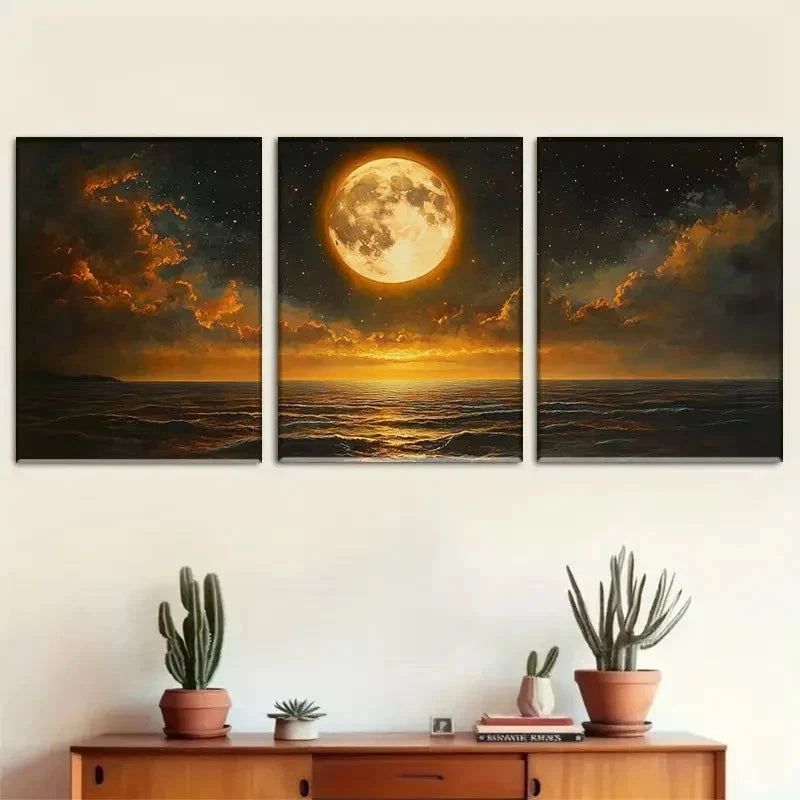 3pcs Stunning Moonlight Ocean Night Wall Art Set Canvas Framed 50x70cm - High Quality Print 100% Australian Made Wall Canvas Ready to Hang