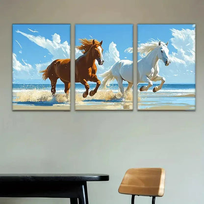 3pcs Two Horses Running on the Beach Wall Art Set Canvas Unframed - High Quality Print 100% Australian Made Wall Canvas