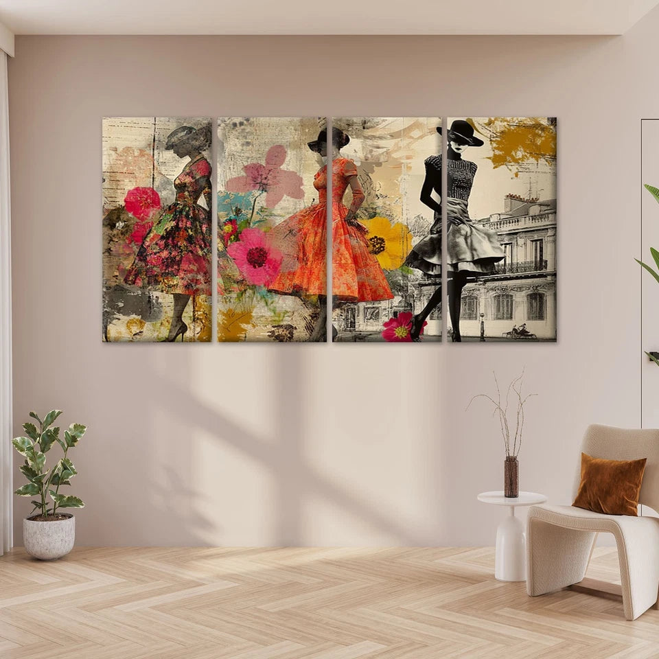 4pcs Vintage Fashion & Floral Ladies Collage Art Wall Art Canvas Framed 45x80cm - High Quality Print 100% Australian Made Wall Canvas Ready to Hang