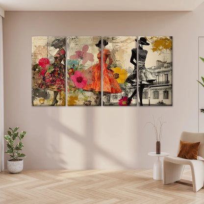 4pcs Vintage Fashion & Floral Ladies Collage Art Wall Art Canvas Framed 45x80cm - High Quality Print 100% Australian Made Wall Canvas Ready to Hang