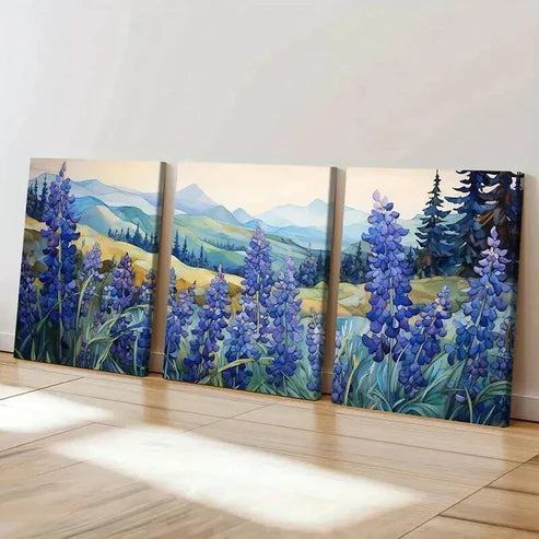 3pcs Mountains Violet Blooms in Nature Landscape Wall Art Canvas Unframed - High Quality Print 100% Australian Made Wall Canvas