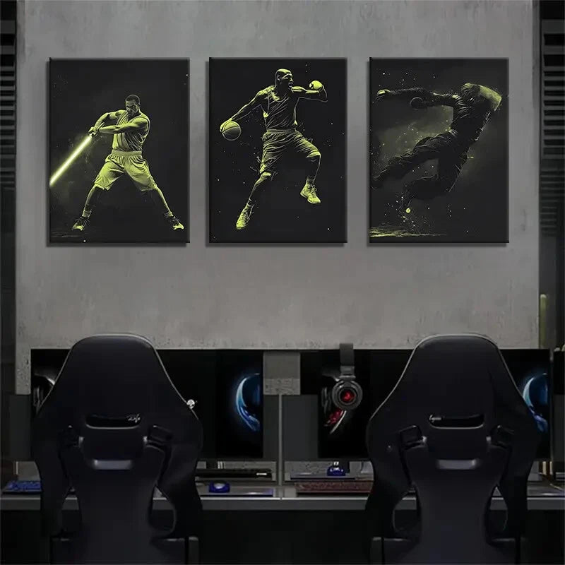 3pcs Neon Basketball Sci-Fi Futuristic Perfect Wall Art Set Canvas Framed 50x70cm - High Quality Print 100% Australian Made Wall Canvas Ready to Hang