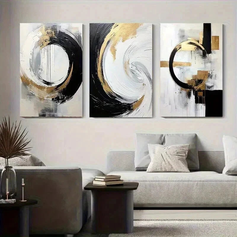 3pcs Abstract Geometric Circle Golden Perfect Wall Art Set Canvas Framed 50x70cm - High Quality Print 100% Australian Made Wall Canvas Ready to Hang - Bella Home Decor