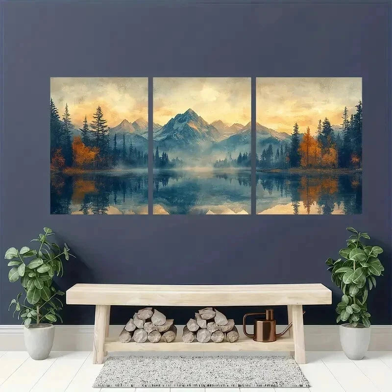 3pcs Abstract Mountain Forest Lake Perfect Wall Art Set Canvas Framed 60x90cm - High Quality Print 100% Australian Made Wall Canvas Ready to Hang - Bella Home Decor