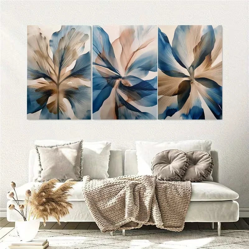 3pcs Abstract Blue Botanical Flower Boho Wall Art Set Canvas Framed 40x60cm - High Quality Print 100% Australian Made Wall Canvas Ready to Hang