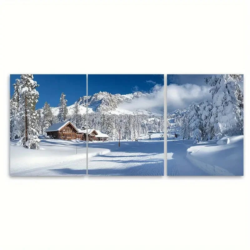 3pcs Village Scene with Sugar Bowl Ski VI Wall Art Set Canvas Framed 50x70cm - High Quality Print 100% Australian Made Wall Canvas Ready to Hang - Bella Home Decor