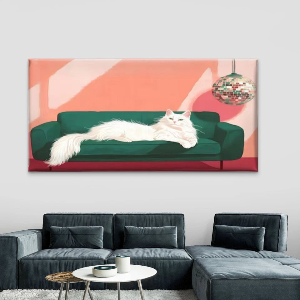 White Cat on Green Sofa Wall Art Canvas Office Home Room Framed 120x60cm - Bella Home Decor