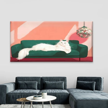 White Cat on Green Sofa Wall Art Canvas Office Home Room Framed 120x60cm - Bella Home Decor
