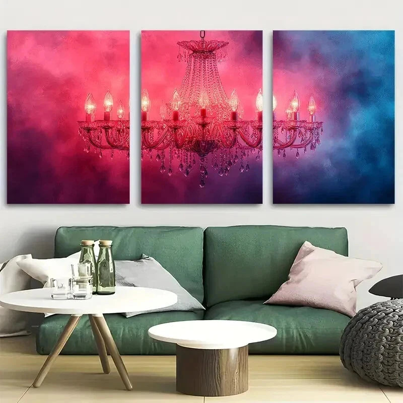 3pcs Crystal Chandelier Elegant Pink Abstract Wall Art Set Canvas Framed 60x90cm - High Quality Print 100% Australian Made Wall Canvas Ready to Ha - Bella Home Decor