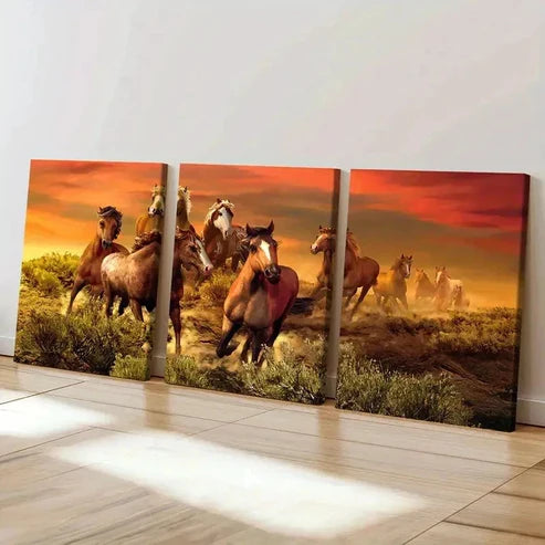 3pcs Horses Running At Sunset Grassland Wall Art Set Canvas Unframed - High Quality Print 100% Australian Made Wall Canvas