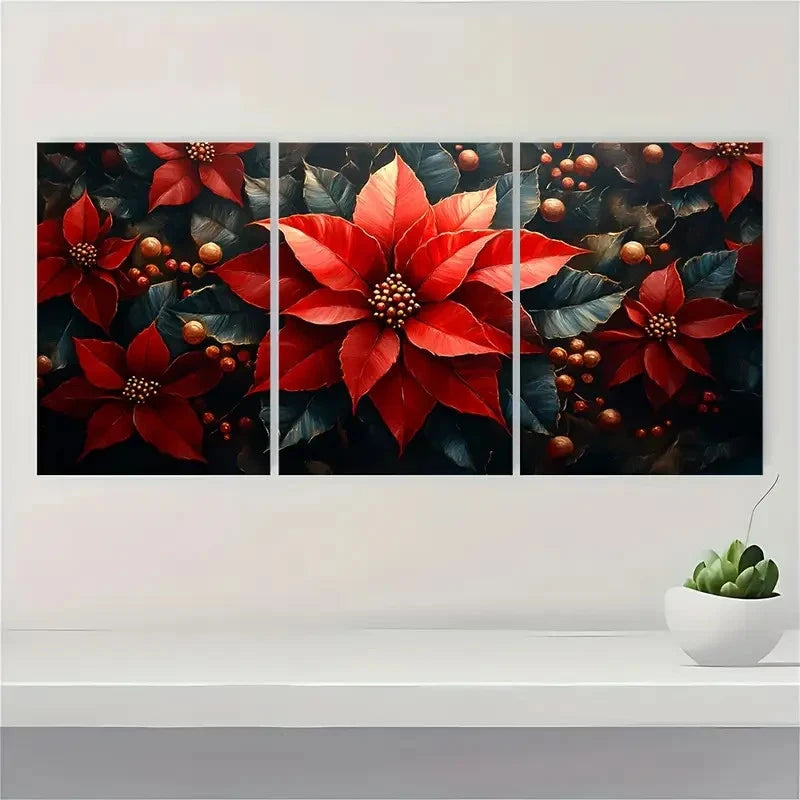 3pcs Poinsettia Painting Floral PP     Wall Art Set Canvas Framed 60x90cm - High Quality Print 100% Australian Made Wall Canvas Ready to Hang - Bella Home Decor