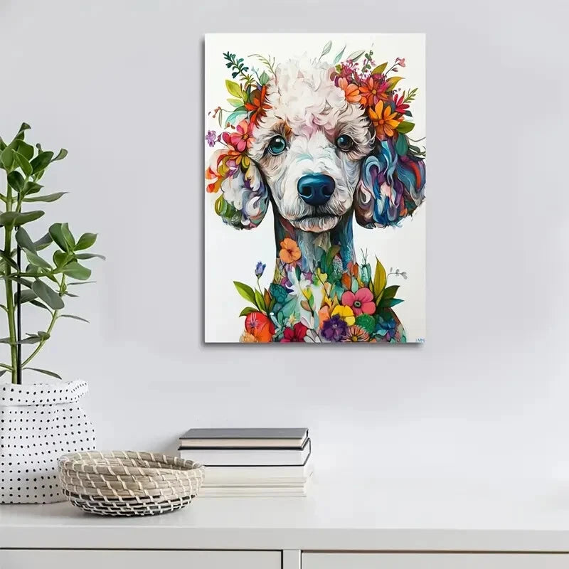 Cute Poodle with Vibrant Floral Wreath Painting  40x60cm Metal Print Ready to Hang - Bella Home Decor