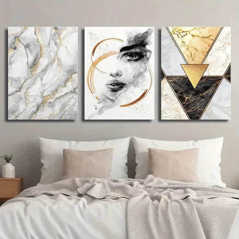 3pcs Beautiful Female Face Marble Texture Wall Art Set Canvas Unframed - High Quality Print 100% Australian Made Wall Canvas