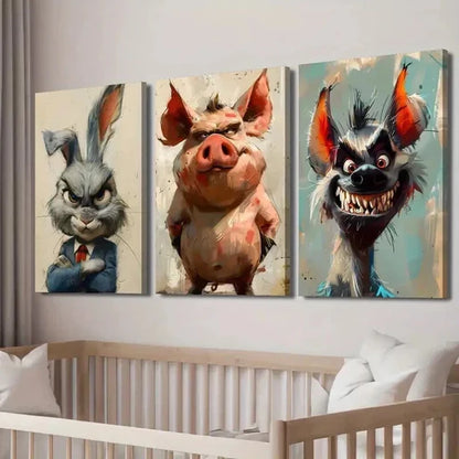 3pcs Bunny in Suit Whimsical Hyena and Pig Wall Art Set Canvas Unframed - High Quality Print 100% Australian Made Wall Canvas - Bella Home Decor