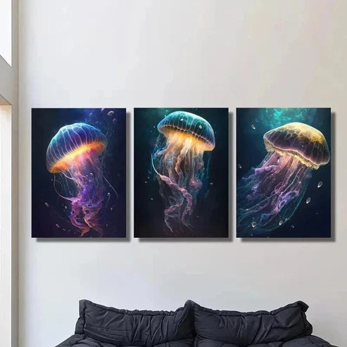 3pcs Vibrant Galaxy Jellyfish Sea Life Wall Art Set Canvas Unframed - High Quality Print 100% Australian Made Wall Canvas