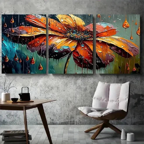 3pcs Vibrant Orange Flower in Rain Wall Art Canvas Unframed - High Quality Print 100% Australian Made Wall Canvas
