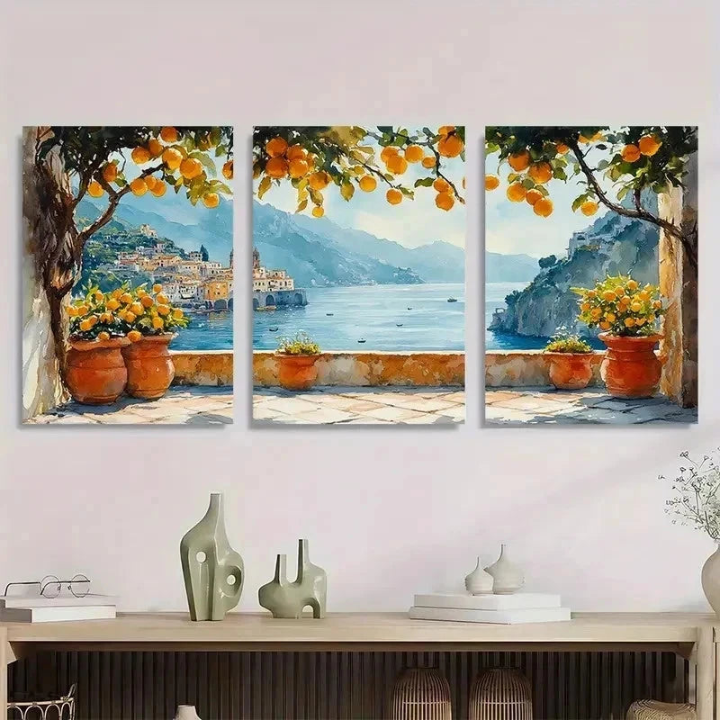 3pcs Cityscape Lemon Tree Mediterranean Perfect Wall Art Set Canvas Framed 40x60cm - High Quality Print 100% Australian Made Wall Canvas Ready to Hang - Bella Home Decor