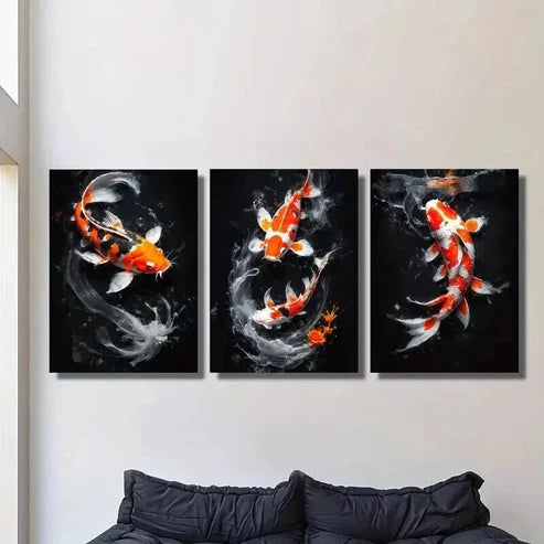 3pcs Orange White and Black Carp Fishes Wall Art Set Canvas Unframed - High Quality Print 100% Australian Made Wall Canvas
