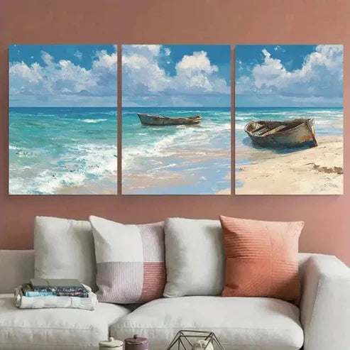 3pcs Stranded Boats On Beach Variant Wall Art Canvas Unframed - High Quality Print 100% Australian Made Wall Canvas