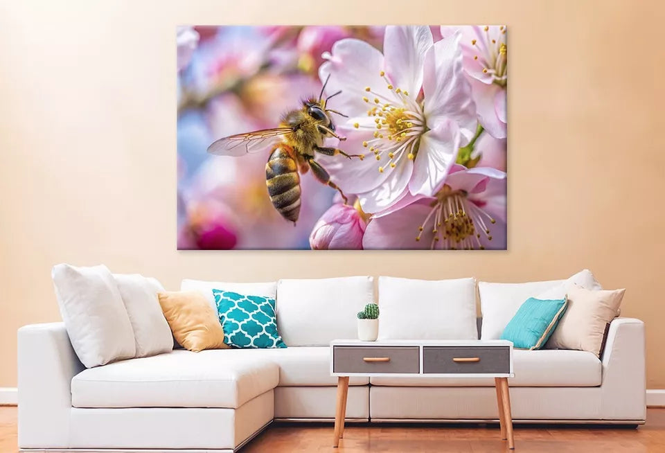 Vibrant Bee And Pink Flowers Wall Art Decor 100% Australian Made - Bella Home Decor
