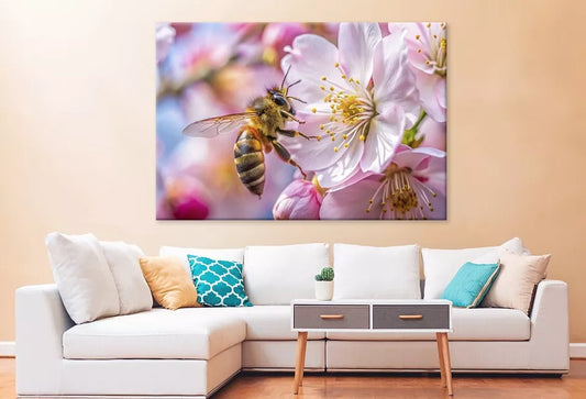 Vibrant Bee And Pink Flowers Wall Art Decor 100% Australian Made - Bella Home Decor