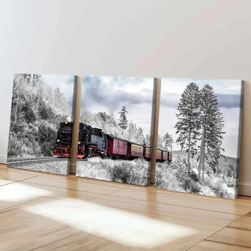 3pcs Winter Nature Snow Scene Steam Train Wall Art Set Canvas Framed 60x90cm - High Quality Print 100% Australian Made Wall Canvas Ready to Hang - Bella Home Decor