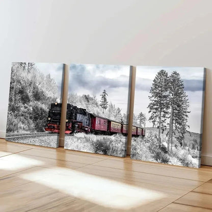 3pcs Winter Nature Snow Scene Steam Train Wall Art Set Canvas Framed 60x90cm - High Quality Print 100% Australian Made Wall Canvas Ready to Hang - Bella Home Decor
