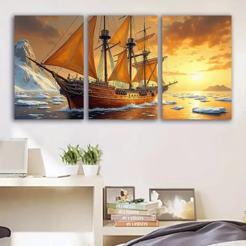 3pcs Sailing Ship Sunset Triptych Marine Art Wall Art Set Canvas Framed 50x70cm - High Quality Print 100% Australian Made Wall Canvas Ready to Hang