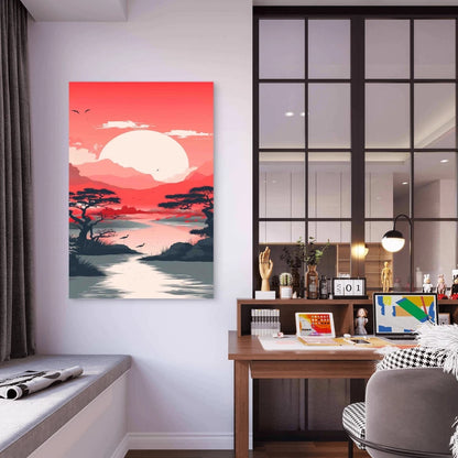 Red Landscape With Mountain Lake With Sunset 40x60cm Metal Print Ready to Hang