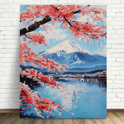Beautiful Cherry Blossom & Mountain Serenity Painting 40x60cm Metal Print Ready to Hang