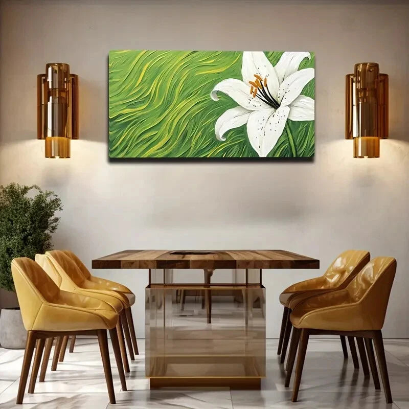 White Lily on Green Grass Wall Art Canvas Office Home Room Framed 120x60cm - Bella Home Decor