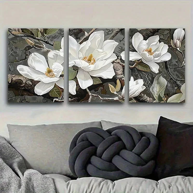3pcs White Magnolia Triptych Wall Art Set Canvas Framed 40x60cm - High Quality Print 100% Australian Made Wall Canvas Ready to Hang - Bella Home Decor