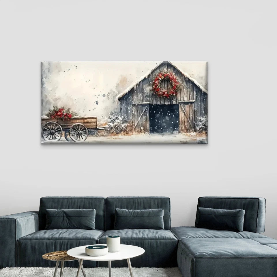 The Barn Winter Nature Wall Art Canvas Office Home Room Framed 120x60cm