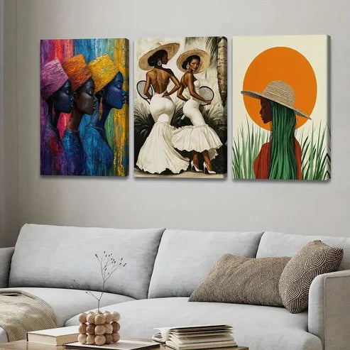 3pcs Abstract Figure Green White Lady Blue Gold Wall Art Set Canvas Unframed - High Quality Print 100% Australian Made Wall Canvas - Bella Home Decor
