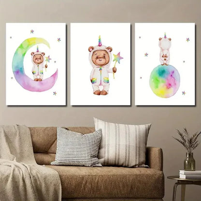 3pcs Watercolor Style Unicorn Bear Wall Art Set Canvas Unframed - High Quality Print 100% Australian Made Wall Canvas