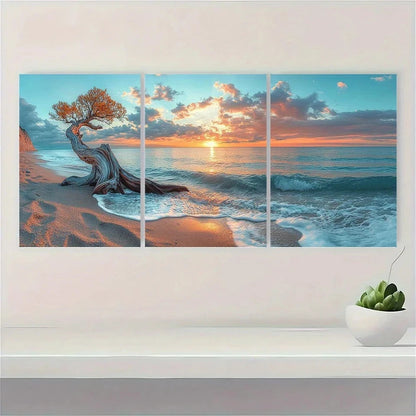 3pcs Tree Trunk on a Sandy Shore with a Calm Ocean Metal Print Ready to Hang Art - Bella Home Decor