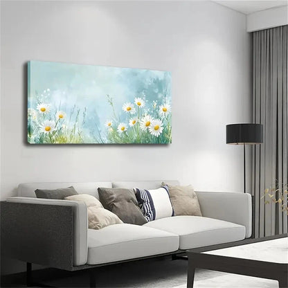White Daisies Soft Blue & Green Wall Art Canvas Office Home Room Framed 120x60cm - Bella Home Decor