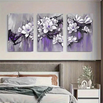 3pcs Purple Magnolia Flowers Blossoms Perfect Wall Art Set Canvas Framed 40x60cm - High Quality Print 100% Australian Made Wall Canvas Ready to Hang - Bella Home Decor