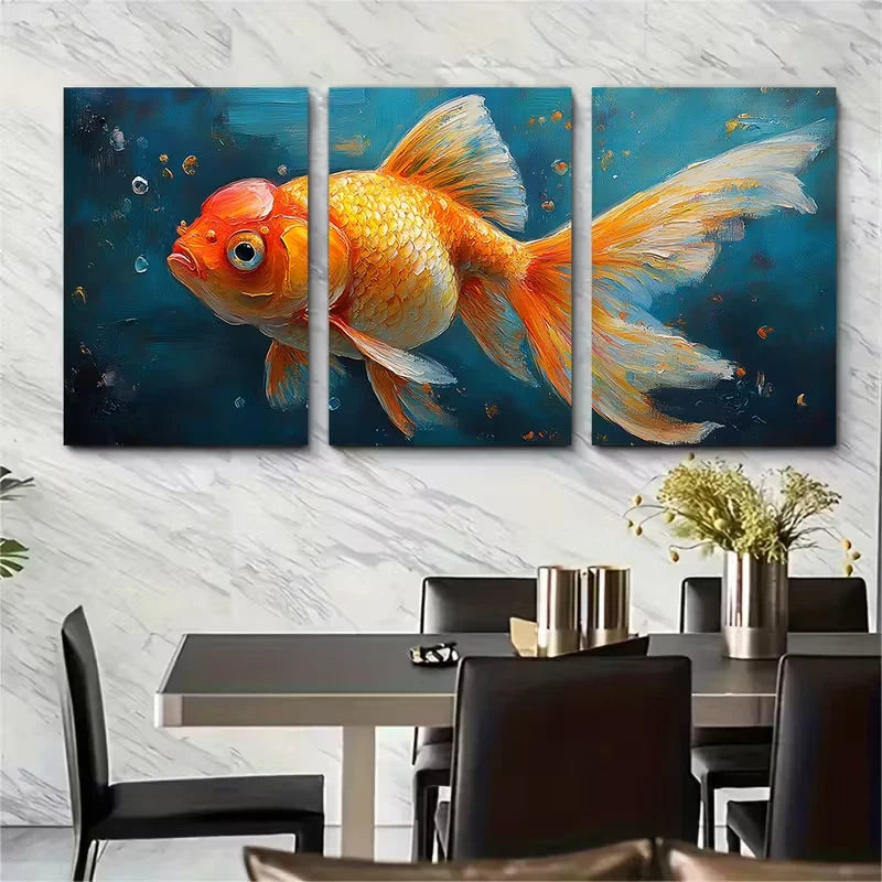 3pcs Goldfish Oil Painting Impasto Fish Art Metal Print Ready to Hang Art - Bella Home Decor