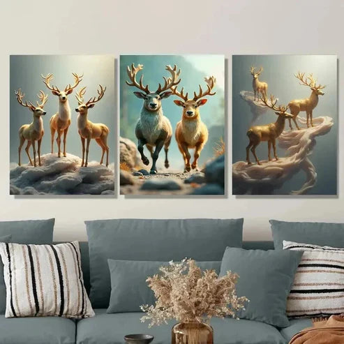 3pcs Deer Forest Elegant Classic Paintings Wall Art Set Canvas Unframed - High Quality Print 100% Australian Made Wall Canvas - Bella Home Decor