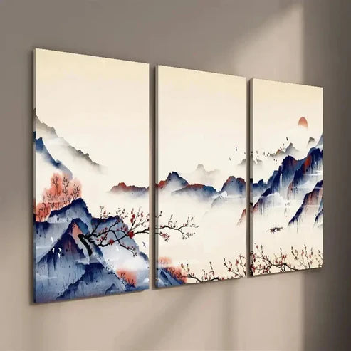 3pcs Chinese Painting of Mountains and Red Plums Wall Art Set Canvas Unframed - High Quality Print 100% Australian Made Wall Canvas - Bella Home Decor