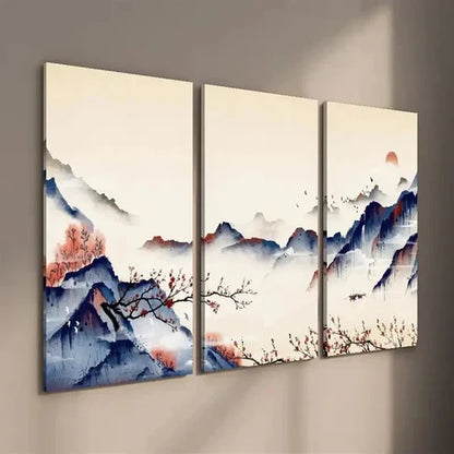 3pcs Chinese Painting of Mountains and Red Plums Wall Art Set Canvas Unframed - High Quality Print 100% Australian Made Wall Canvas - Bella Home Decor