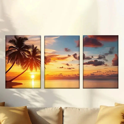 3pcs  Serene Beach Sunset with Palm Tree  Wall Art Set Canvas Framed 50x70cm - High Quality Print 100% Australian Made Wall Canvas Ready to Hang - Bella Home Decor
