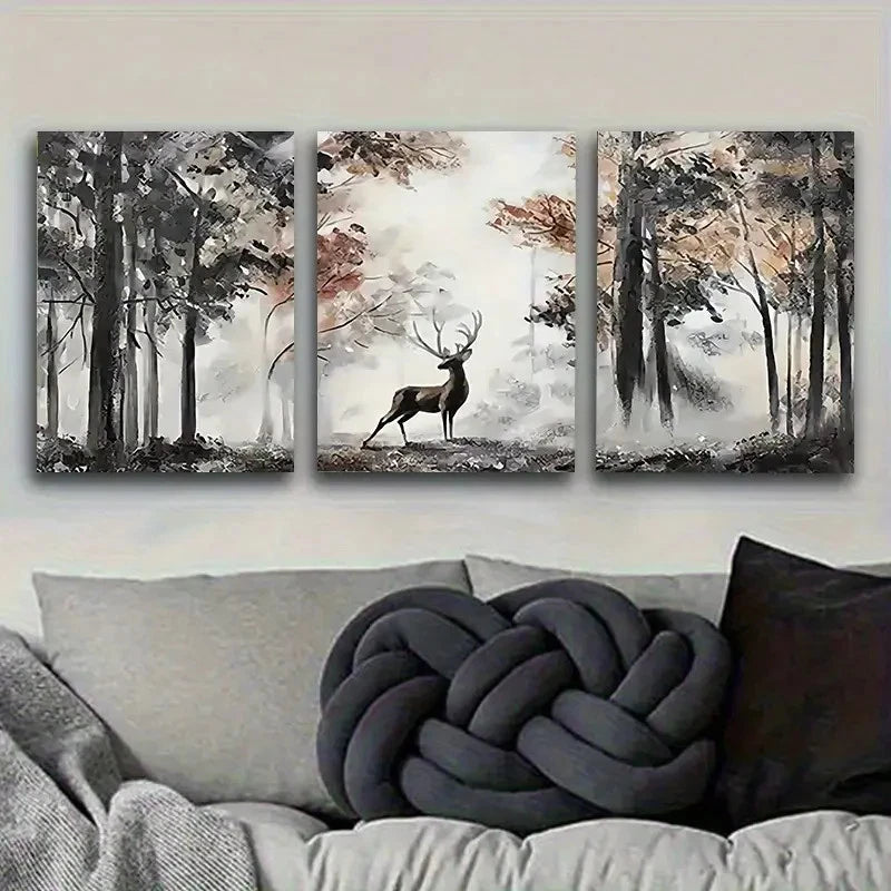 3pcs Misty Forest Deer Wall Art Set Canvas Framed 60x90cm - High Quality Print 100% Australian Made Wall Canvas Ready to Hang - Bella Home Decor