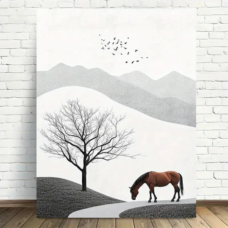Beautiful Minimalist Horse Landscape Painting 40x60cm Metal Print Ready to Hang - Bella Home Decor
