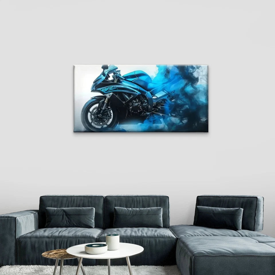 Blue Motorcycle Smoke Perfect Wall Art Canvas Office Home Room Framed 120x60cm