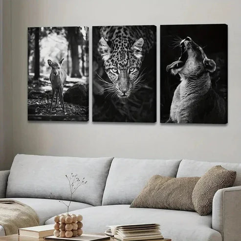 3pcs Vintage Black & White Animals Deer Leopard Wall Art Set Canvas Unframed - High Quality Print 100% Australian Made Wall Canvas