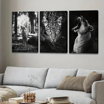 3pcs Vintage Black & White Animals Deer Leopard Wall Art Set Canvas Unframed - High Quality Print 100% Australian Made Wall Canvas