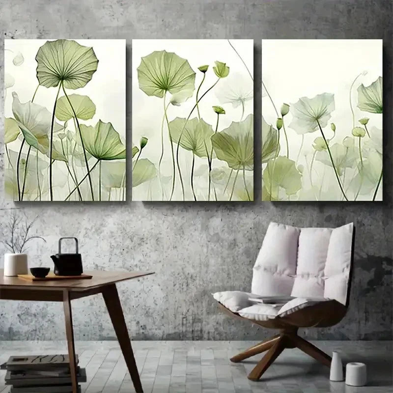 3pcs Serene Green for Lotus Leaf Abstract Metal Print Ready to Hang Art