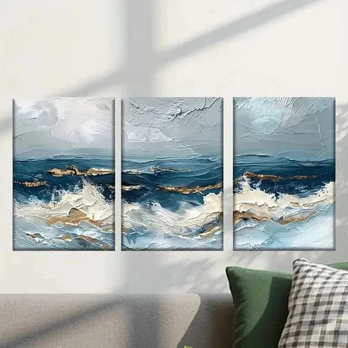 3pcs Abstract Ocean Waves in Blue and White Wall Art Set Canvas Unframed - High Quality Print 100% Australian Made Wall Canvas - Bella Home Decor